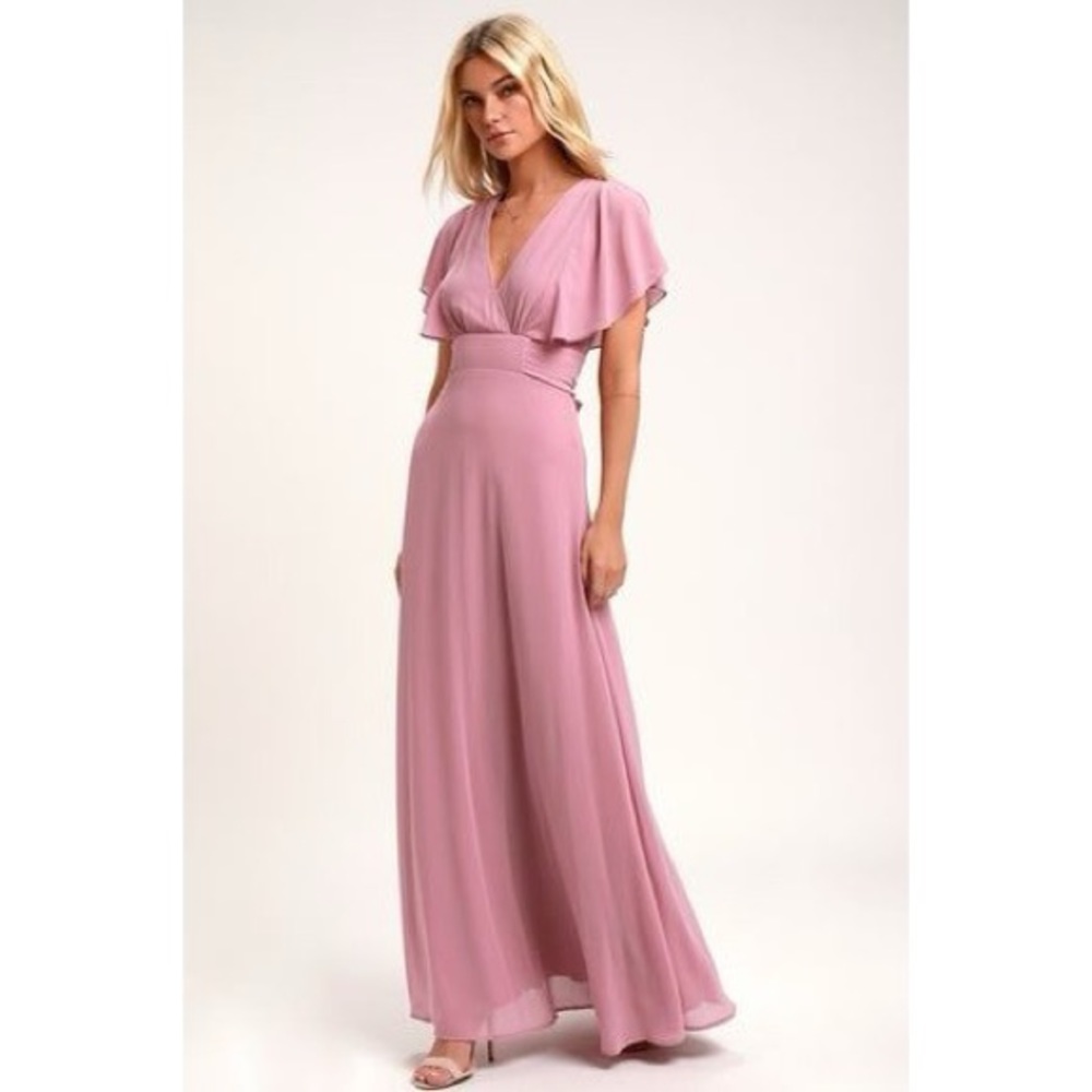 Lulus Dearly Loved Mauve Flutter Sleeve Maxi Dress